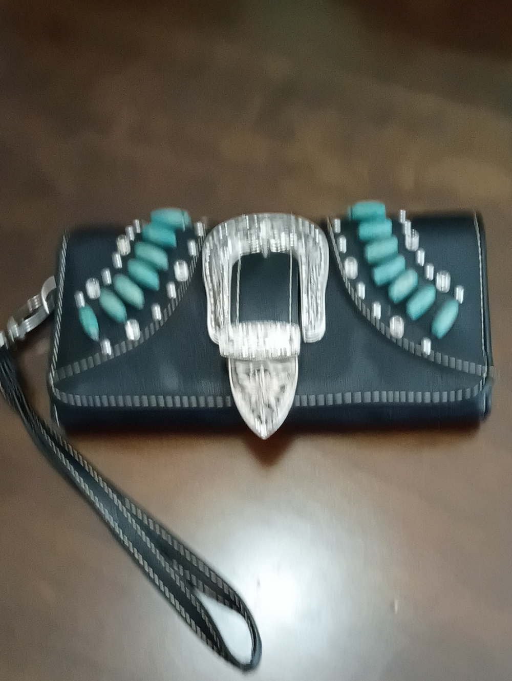 Montana West Euc Black Wallet Wristlet with Turquoise Accent and Silver Buckle